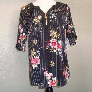 NWT Naif Zip Front Black Striped Floral Top Blouse sz M